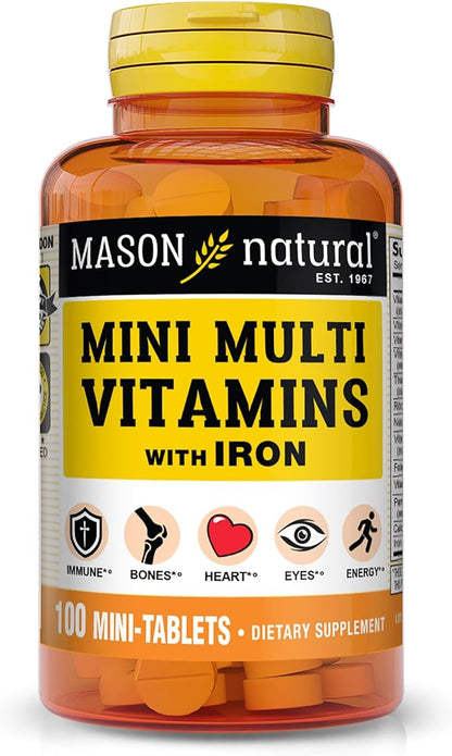 MASON NATURAL Daily Mini Multi Vitamins with Iron, Vitamins A, C, D, E, B1, B2, B3, B6, B12, Folate & Calcium, 100 Day Supply