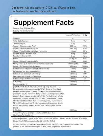 L-arginine 5000 mg and L-citrulline 1000 mg Combo, Nitric Oxide Supplement Complex, Cardio Heart Health Powder, Mixed Berry Flavor, 16.82 Oz..