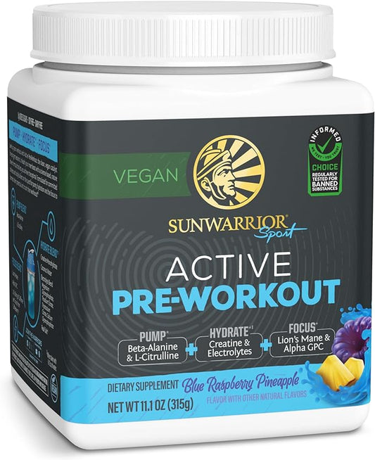 Pre Workout Powder Energy Drink | Vegan, Plant-Based, Pre-Workout Supplement | Pump, Hydrate, Focus, Endurance, & Strength Builder | Blue Raspberry Pineapple Flavored | 30 Servings | Active Preworkout