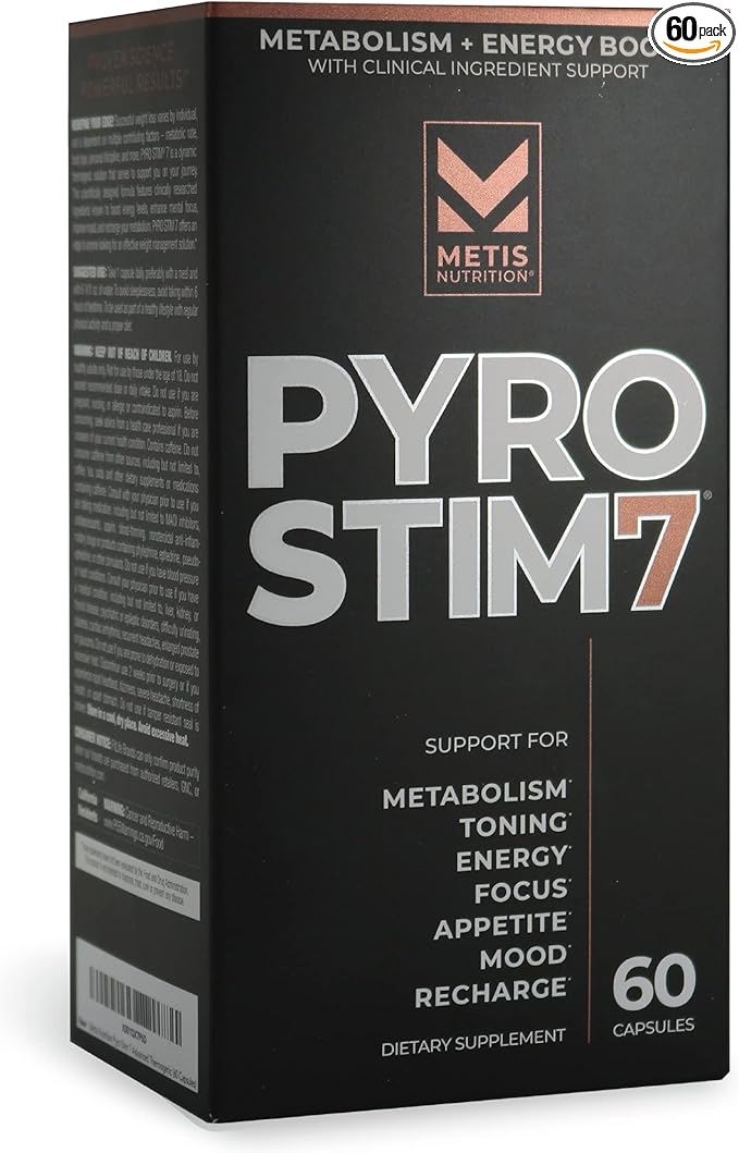 Pyro Stim 7 Metabolism Booster Fat Loss Support Energy Boost - Once-A-Day Thermogenic with Teacrine for Focus, Appetite Control, Muscle Toning, and Mood Control (60 Capsules)