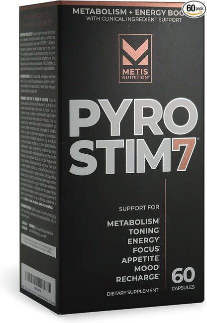 Pyro Stim 7 Metabolism Booster Fat Loss Support Energy Boost - Once-A-Day Thermogenic with Teacrine for Focus, Appetite Control, Muscle Toning, and Mood Control (60 Capsules)