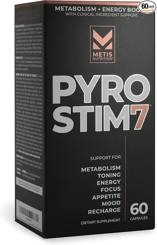 Pyro Stim 7 Metabolism Booster Fat Loss Support Energy Boost - Once-A-Day Thermogenic with Teacrine for Focus, Appetite Control, Muscle Toning, and Mood Control (60 Capsules)