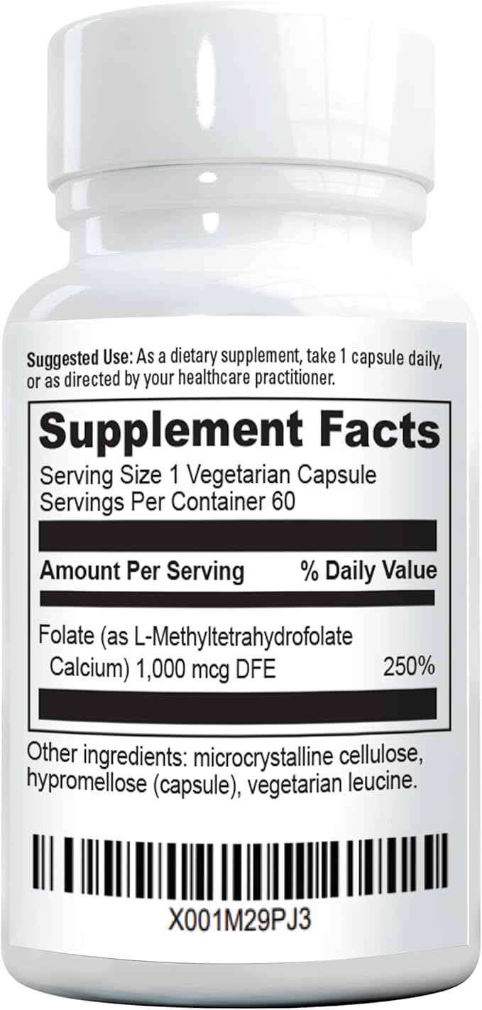 Methylfolate MTHRF Supplement - 1000 mcg Bioactive Vitamin B9 (5-MTHF) - Supports Pregnancy & Fetal Health - 60 Capsules - Gluten-Free
