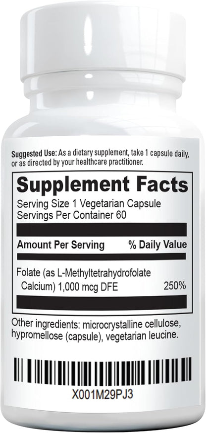 Methylfolate MTHRF Supplement - 1000 mcg Bioactive Vitamin B9 (5-MTHF) - Supports Pregnancy & Fetal Health - 60 Capsules - Gluten-Free