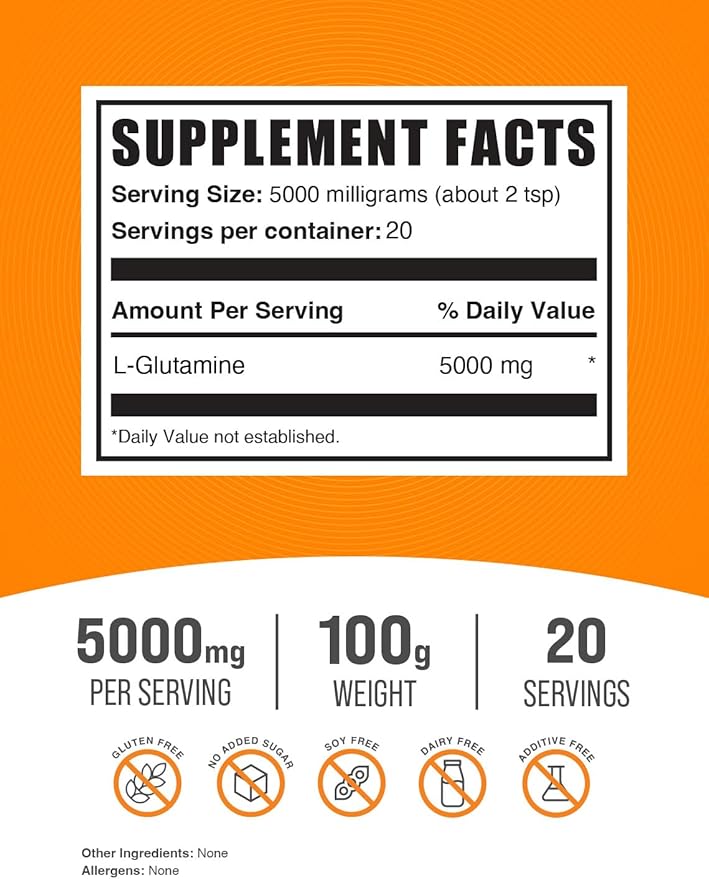 BulkSupplements.com L-Glutamine Powder - Glutamine Supplement, L-Glutamine 5000mg, L Glutamine Powder - Unflavored & Gluten Free, 5000mg per Serving, 100g (3.5 oz) (Pack of 1)