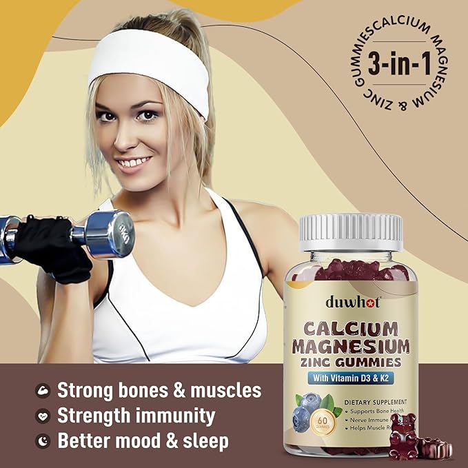 Calcium Magnesium Zinc Gummies for Women, Chewable Calcium Supplement 1000 mg Vitamin D3 & K2, Bone & Nerve Health, Muscle Function, Immune Support & Stress Relief, Blueberry Flavor, 120 Ct