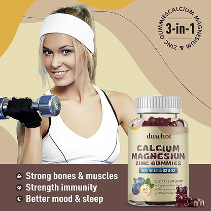 Calcium Magnesium Zinc Gummies for Women, Chewable Calcium Supplement 1000 mg Vitamin D3 & K2, Bone & Nerve Health, Muscle Function, Immune Support & Stress Relief, Blueberry Flavor, 60 Ct