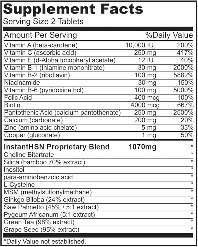 Instant HSN All-Natural Hair, Skin, and Nails Strengthening Formula Maximum Strength Purest Biotin Hair Growth Supplement, Complete Blend of Daily Hair, Skin, and Nails Supplement.