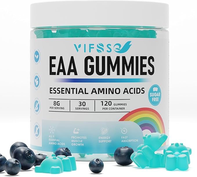 EAA Gummies 120 Gummies (Blue Raspberry), 8000 mg Essential Amino Acids - All 9 Essential Aminos (EAA) and All Branched-Chain Aminos (BCAAs), Non-GMO, Gluten Free, Vegetarian Friendly