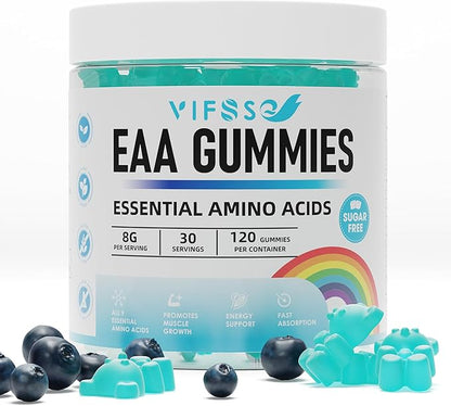 EAA Gummies 120 Gummies (Blue Raspberry), 8000 mg Essential Amino Acids - All 9 Essential Aminos (EAA) and All Branched-Chain Aminos (BCAAs), Non-GMO, Gluten Free, Vegetarian Friendly