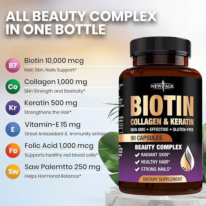 NEW AGE Biotin Collagen Keratin Hyaluronic Acid - 50,000mcg Hair Growth Vitamins for Men and Women, Nails, Hair, Skin Vitamins and DHT Blocker with Vitamin E Folic Acid Pumpkin Seed MSM- 180 Count