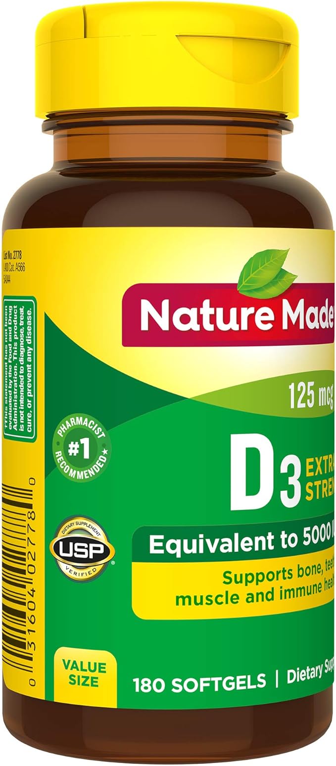 Nature Made Extra Strength Vitamin D3 5000 IU (125 mcg), Dietary Supplement for Bone, Teeth, Muscle and Immune Health Support, 180 Softgels, 180 Day Supply