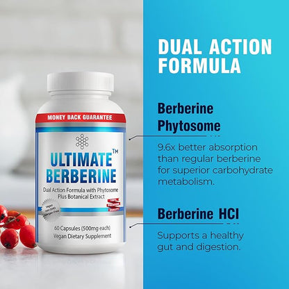 Ultimate Berberine Phytosome for Healthy Weight Management - Dual Action Formula with Berberine HCL - Carbohydrate Metabolism, GI, Immunity & Cholesterol Support - 1000mg Maximum Strength Supplement