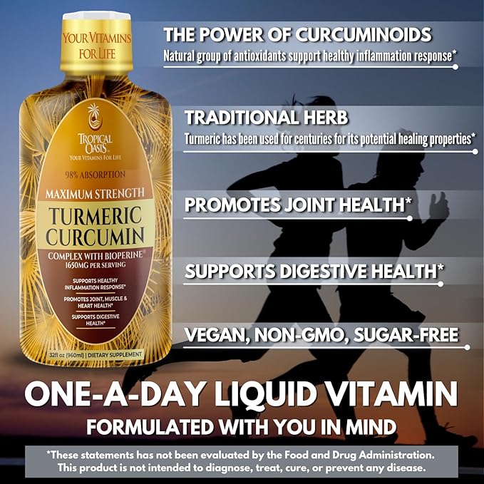 Tropical Oasis Liquid Turmeric Curcumin w/Bioperine - 1650mg Maximum Strength Turmeric Supplement with Black Pepper & Vitamin C - 98% Absorption Rate - 32oz