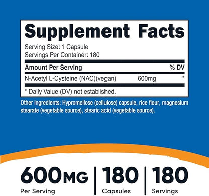 Nutricost N-Acetyl L-Cysteine (NAC) 600mg, 180 Capsules - Non-GMO, Gluten Free