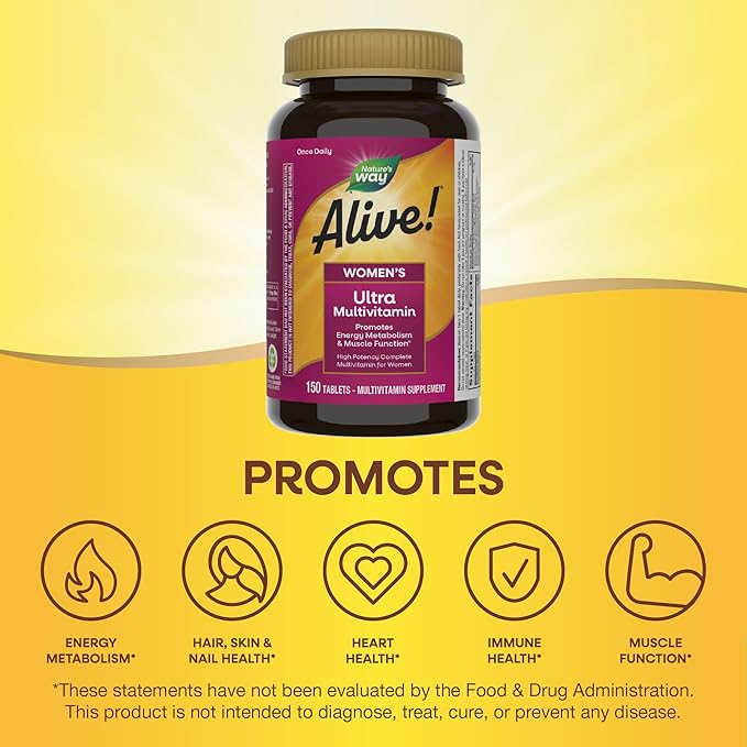 Nature's Way Alive! Women's Daily Ultra Multivitamin, High Potency Formula, Promotes Energy Metabolism and Muscle Function*, with Methylated B12, 150 Tablets (Packaging May Vary)