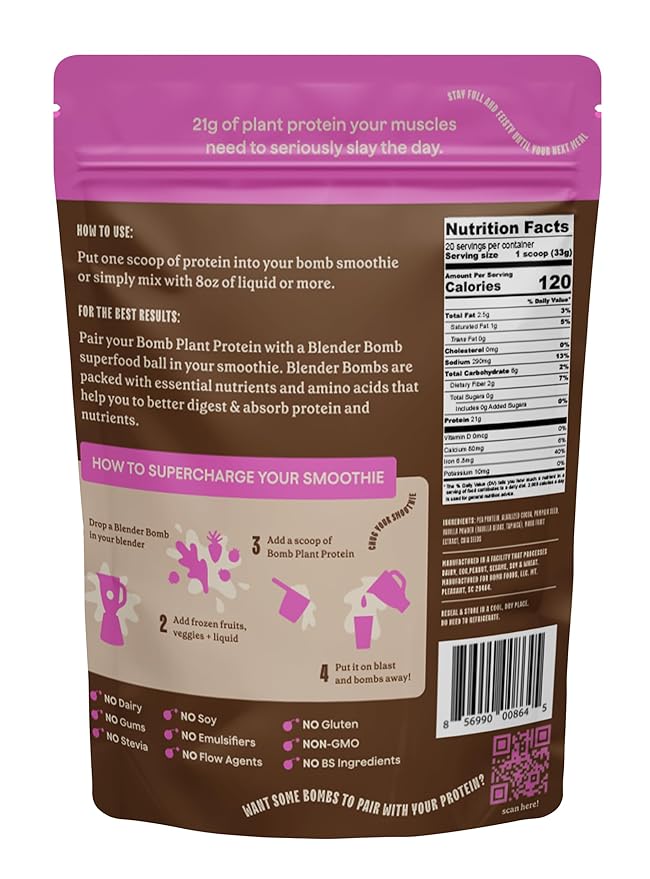 The Bomb Co. Bomb Plant Protein, Protein Powder with 21g Protein, Amino Acids, Zero Sugar, Pea Protein, Cocoa, Chia Seeds, Pumpkin Seeds, Vanilla & Monk Fruit, Gluten Free, Chocolate Flavor, 20 Srvgs