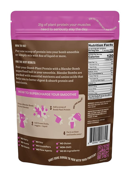 The Bomb Co. Bomb Plant Protein, Protein Powder with 21g Protein, Amino Acids, Zero Sugar, Pea Protein, Cocoa, Chia Seeds, Pumpkin Seeds, Vanilla & Monk Fruit, Gluten Free, Chocolate Flavor, 20 Srvgs
