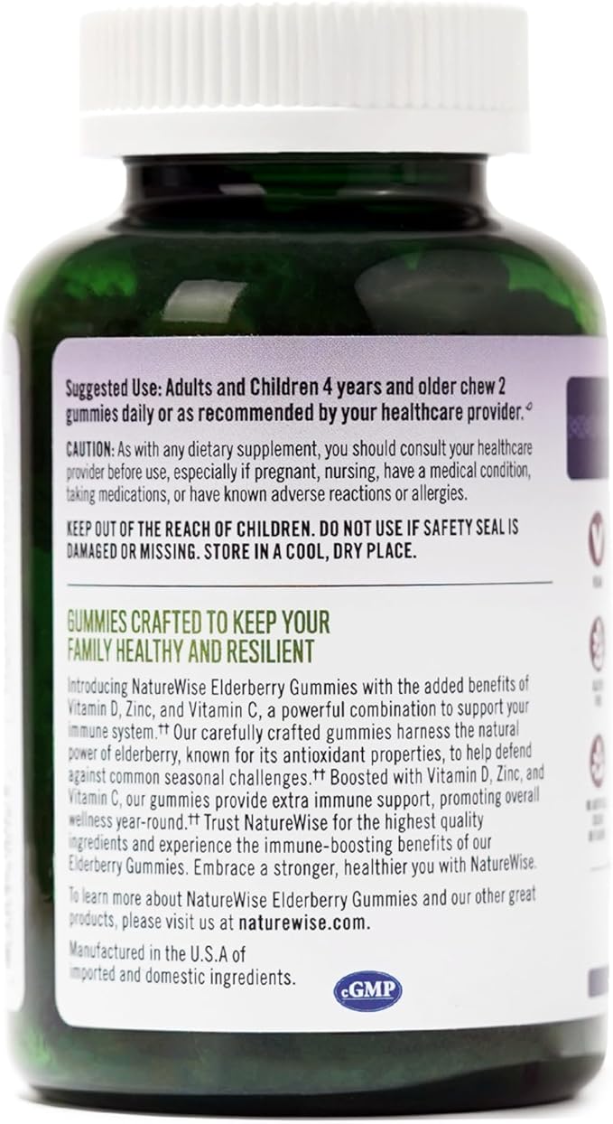 NatureWise Sambucus Elderberry Gummies - Immune Support Supplement for Kids Ages 4+ & Adults with Vitamin C, D3, Zinc - Elderberries Equivalent to 3520mg - Vegan, Non-GMO - 60 Count[30-Day Supply]