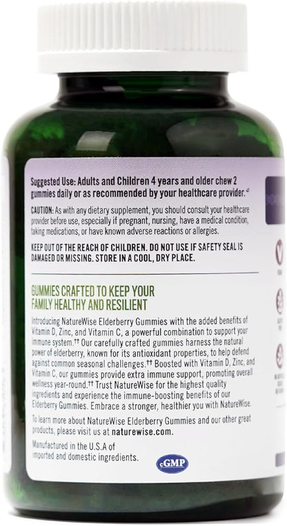 NatureWise Sambucus Elderberry Gummies - Immune Support Supplement for Kids Ages 4+ & Adults with Vitamin C, D3, Zinc - Elderberries Equivalent to 3520mg - Vegan, Non-GMO - 60 Count[30-Day Supply]
