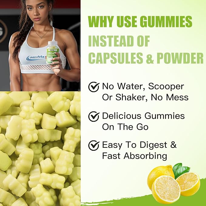 Creatine Monohydrate Gummies 5g for Men Women - Sugar Free Chewable Supplement. 90 Gummies Lemon
