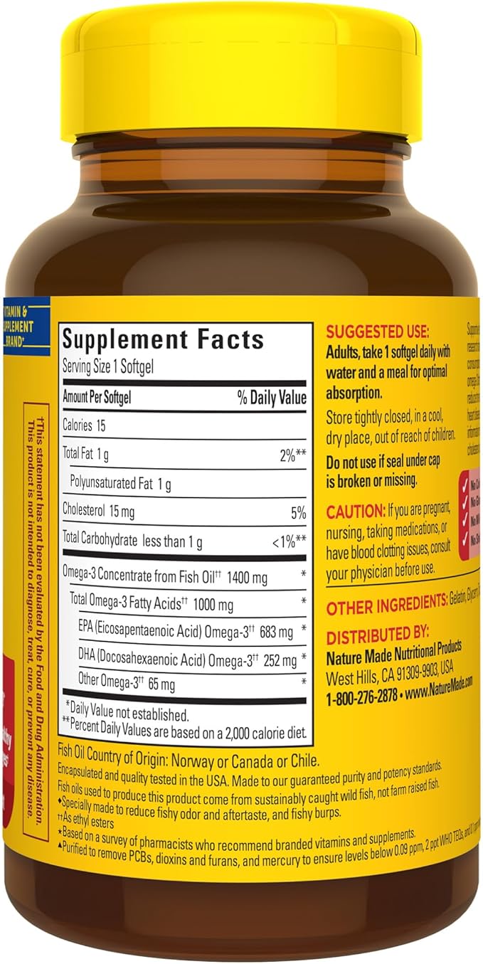 Nature Made Burp Less Ultra Omega 3 Fish Oil 1400 mg, Fish Oil Supplements, Omega 3 Supplement for Healthy Heart, Brain and Eyes Support, One Per Day, 45 Softgels