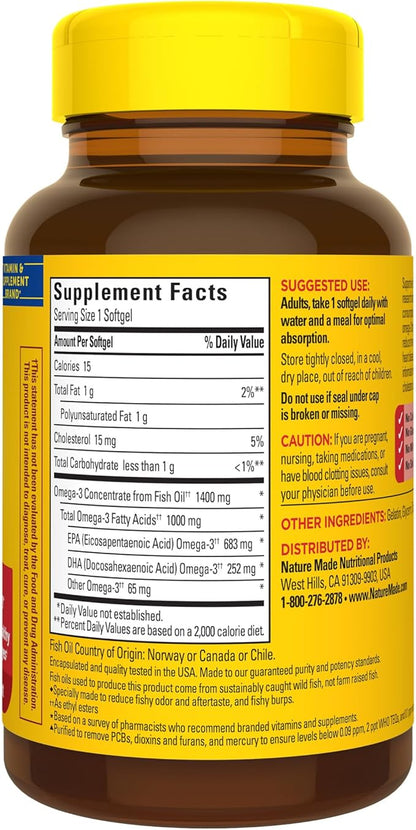 Nature Made Burp Less Ultra Omega 3 Fish Oil 1400 mg, Fish Oil Supplements, Omega 3 Supplement for Healthy Heart, Brain and Eyes Support, One Per Day, 45 Softgels