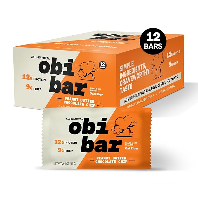 Obi Bar - Natural Protein and Fiber Bar | Snack or Meal Replacement | Heart Healthy Oat Fiber | Large Almond Chunks | Soy Free, Dairy Free | 2.4 oz bars, 12 Pack (Peanut Butter Chocolate Chip)