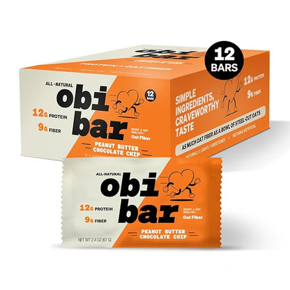 Obi Bar - Natural Protein and Fiber Bar | Snack or Meal Replacement | Heart Healthy Oat Fiber | Large Almond Chunks | Soy Free, Dairy Free | 2.4 oz bars, 12 Pack (Peanut Butter Chocolate Chip)