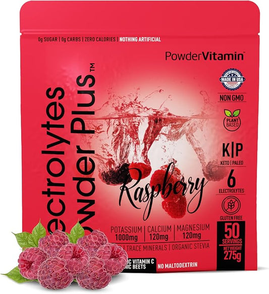Electrolytes Powder Plus (50 Servings) Raspberry Electrolyte Powder Zero Calorie Keto, 0 Sugar, No Maltodextrin,1000mg Potassium,120mg Calcium,120mg Magnesium, Hydration Powder