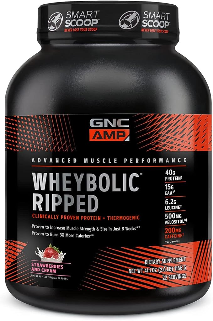 GNC AMP Wheybolic Ripped Whey Protein Powder Isolate with BCAA | Targeted Muscle Building and Workout Support Formula | Gluten Free | Strawberries and Cream | 22 Servings