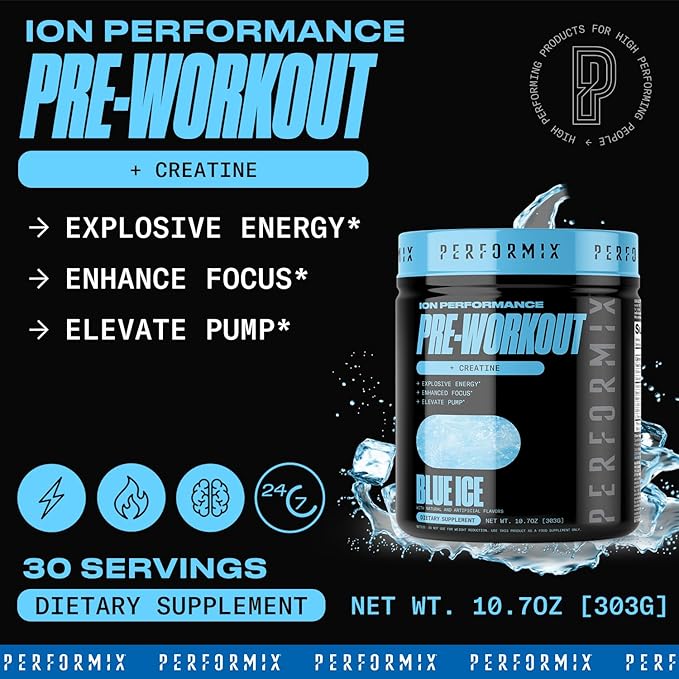 PERFORMIX - ION Pre Workout - Increase Pump, Energy & Endurance - 200 mg of Caffeine - Creatine Monohydrate - Nitric Oxide - Beta Alanine - Amino Acids - No Crash or Jitters - Blue Ice - 30 Servings
