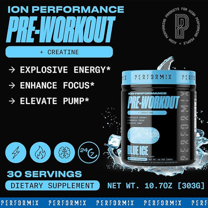 PERFORMIX - ION Pre Workout - Increase Pump, Energy & Endurance - 200 mg of Caffeine - Creatine Monohydrate - Nitric Oxide - Beta Alanine - Amino Acids - No Crash or Jitters - Blue Ice - 30 Servings