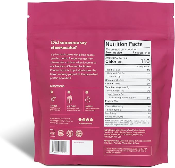 ProDough Gourmet Whey Isolate Hydrolized Protein Powder for Shake Mix- Easy Digest Enzyme Blend, 25g Protein per Serving, Natural Ingredients, Gluten Free, Keto Friendly (Rasberry Cheesecake)