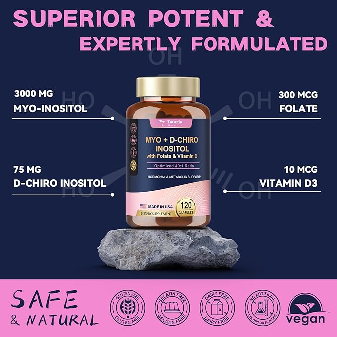 Inositol Supplement - 3075mg Myo-Inositol & D-Chiro Inositol Capules Plus Vitamin D3, Folate, Ideal 40:1 Ratio - Hormonal Balance for Women & Ovarian* Support | Vegan, Non GMO - 120 Caps