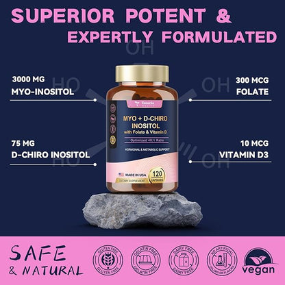 Inositol Supplement - 3075mg Myo-Inositol & D-Chiro Inositol Capules Plus Vitamin D3, Folate, Ideal 40:1 Ratio - Hormonal Balance for Women & Ovarian* Support | Vegan, Non GMO - 120 Caps