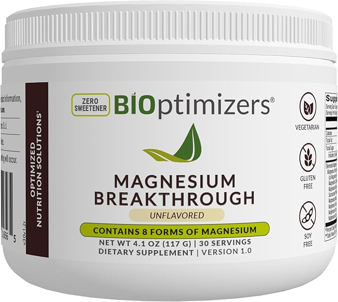 BiOptimizers Magnesium Breakthrough Drink Unflavored - 8 Forms of Magnesium: Glycinate, Malate, Citrate, and More - Natural Sleep Supplement – 6 oz (30 Servings)