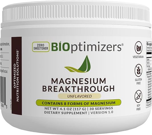 BiOptimizers Magnesium Breakthrough Drink Unflavored - 8 Forms of Magnesium: Glycinate, Malate, Citrate, and More - Natural Sleep Supplement – 6 oz (30 Servings)