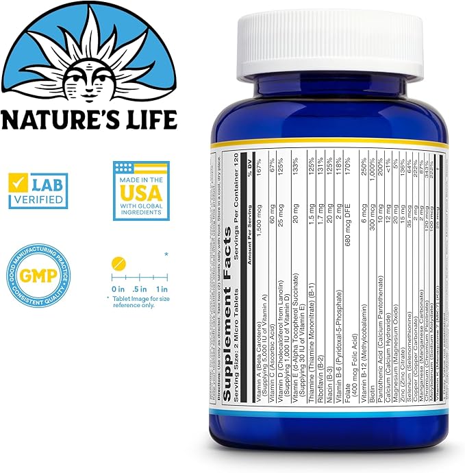 Nature's Life Mighty Mini Vite - Daily Multivitamin for Women and Men - Vitamin D and B Complex - Immunity and Energy Metabolism Support - Lab Verified - 120 Servings, 240 Micro Tablets
