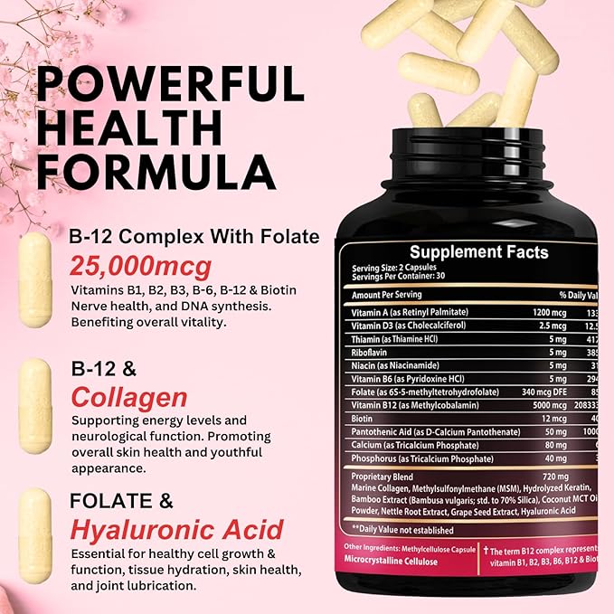 B12 with Hyaluronic Acid, Collagen and Folate – 25000 mcg B12 Methylcobalamin Supplement | Maximize Absorption & Energy | Gluten Free USA Made, B1, B2, B3, B6, B7 Complex - 60 Capsules