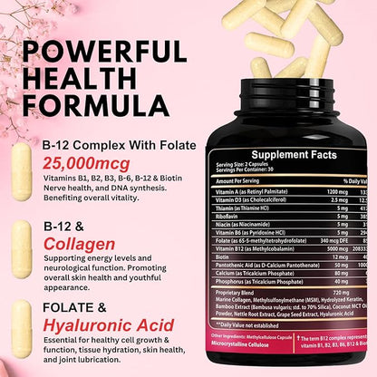 B12 with Hyaluronic Acid, Collagen and Folate – 25000 mcg B12 Methylcobalamin Supplement | Maximize Absorption & Energy | Gluten Free USA Made, B1, B2, B3, B6, B7 Complex - 60 Capsules