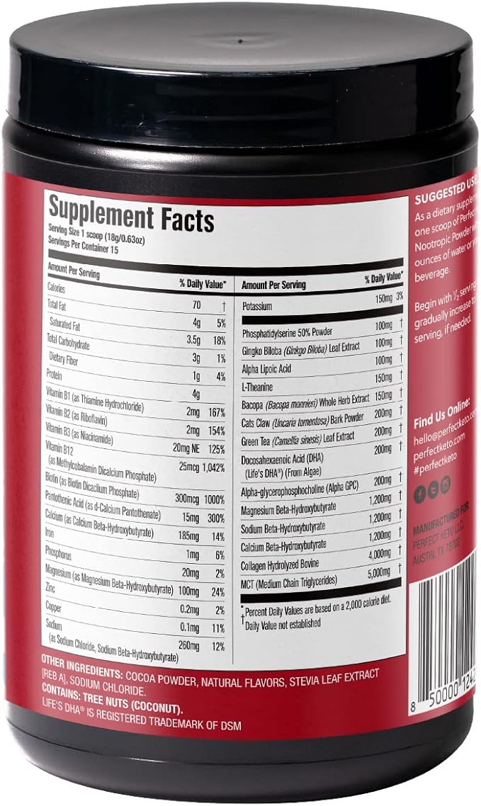 Perfect Keto Nootropic Brain Support, Caffeine Free Focus and Energy Supplement with Alpha Lipoic Acid, L Theanine, Ginkgo Biloba, Alpha GPC, MCT's, Collagen, Ketones, Chocolate Drink Mix, 15 Servings