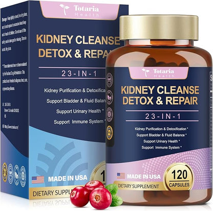 Kidney Cleanse Detox & Repair Capsules, Chanca Piedra & Cranberry Pills for Kidney Support Supplement Extra Strength with Kidney Stones Dissolver, Urinary Tract Health for Woman, 23 in 1, 120 Counts