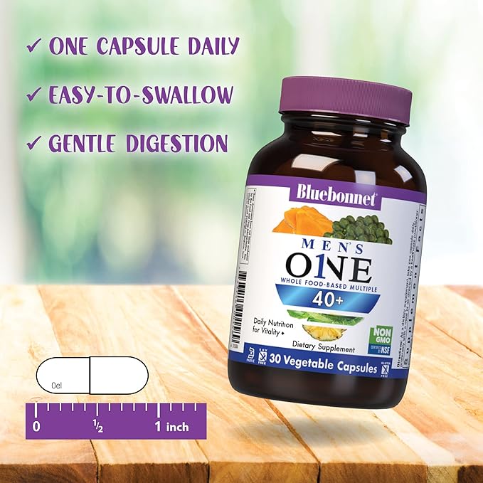 Bluebonnet Nutrition Mens' ONE 40+ Whole Food-Based Multiple, Men Multivitamin for Men 40+, Soy-Free, Non-GMO, Gluten Free, Kosher, 30 Vegetable Capsules, 30 Servings