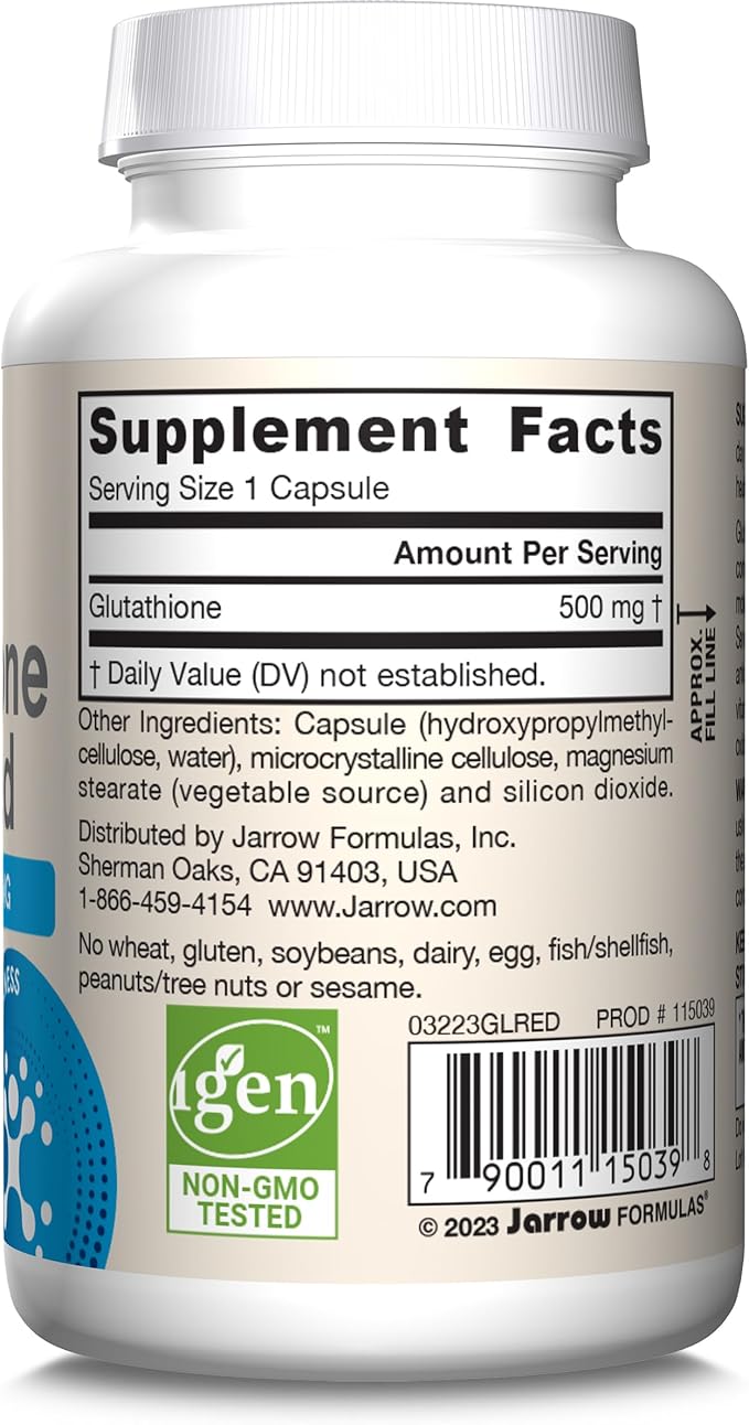 Jarrow Formulas Glutathione Reduced 500 mg - 60 Veggie Capsules - Intracellular Antioxidant - Quality Glutathione Supplements - Supports Recycling of Vitamins C & E - Non-GMO - Gluten Free - Vegan