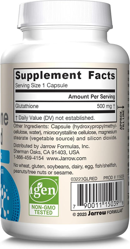 Jarrow Formulas Glutathione Reduced 500 mg - 60 Veggie Capsules - Intracellular Antioxidant - Quality Glutathione Supplements - Supports Recycling of Vitamins C & E - Non-GMO - Gluten Free - Vegan