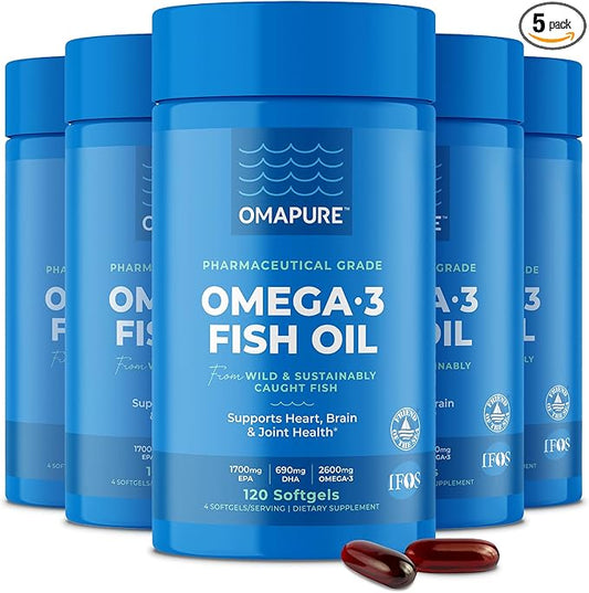 Fish Oil Supplements with Omega 3 Fatty Acids (5 Bottle, 120 Softgels) - High EPA, DHA, & IFOS Fish Oil Pills Support Heart & Joint Health - Burpless Fish Oil Promotes Brain Function