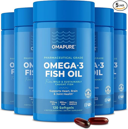 Fish Oil Supplements with Omega 3 Fatty Acids (5 Bottle, 120 Softgels) - High EPA, DHA, & IFOS Fish Oil Pills Support Heart & Joint Health - Burpless Fish Oil Promotes Brain Function