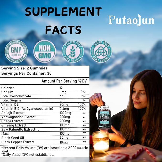 Shilajit Gummies for man & woman. Himalayan Shilajit or Shilajit Supplement. 3rd Party Tested.1000mg Pure Shilajit, 200mg Ashwagandha, 200mg Chaga,100mg Ginseng,100mg Saw Palmatto, 60mg Black Seed Oil