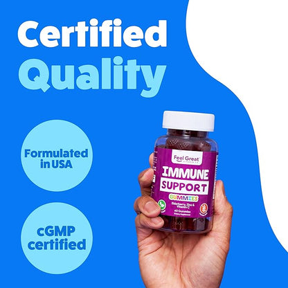 Feel Great Immunity Support Gummies with Elderberry, Zinc and Vitamin C | Sambucus Nigra Supplement | 60 Gummies
